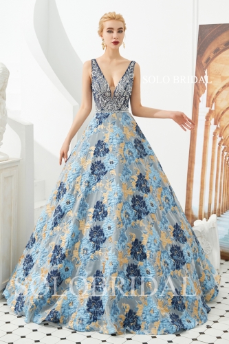 Grey blue gold embroidery a line proom dress M583371