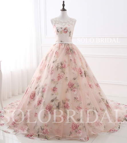 Blush pink flower organza court train ball gown wedding dress E264051