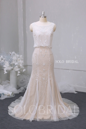 Champagne fit and flare heavy beading lines light wedding dress 724A9588