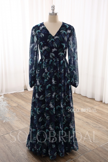 Ladies vintage long sleeves floral midi a line dress