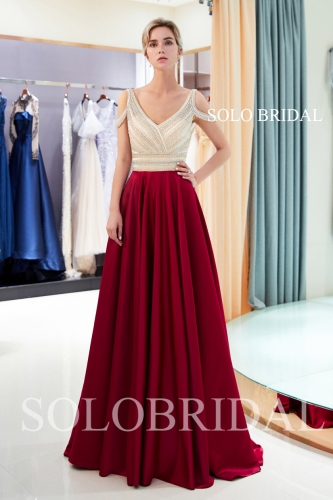 champagne red satin beaded proom dress J587061