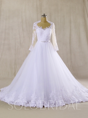 Skin color tulle bodice with long sleeve A Line Wedding Dress sewn Hemlace 724A7358s