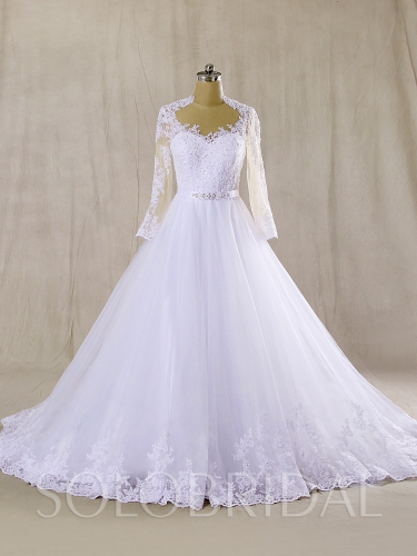 Skin color tulle bodice with long sleeve A Line Wedding Dress sewn Hemlace 724A7358s