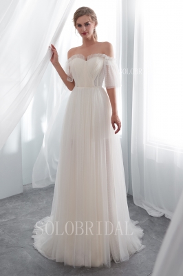 ivory pleated dot tulle wedding dress I226621