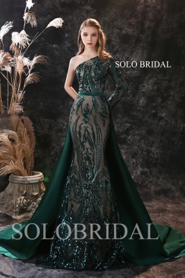 Dark green fit and flare shiny proom dress R295581