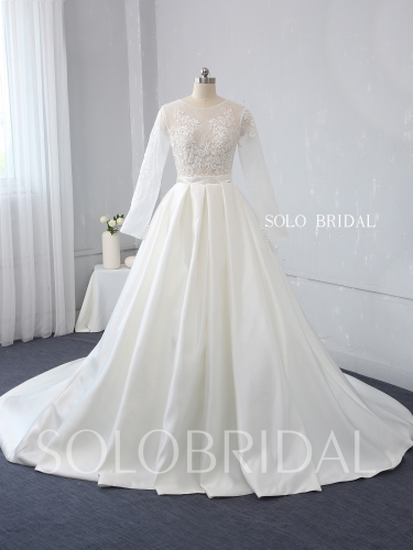 ivory lace bodice with long sleeves bridal satin skirt big pleats wedding dress 724A1181