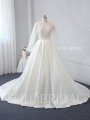 ivory lace bodice with long sleeves bridal satin skirt big pleats wedding dress 724A1181