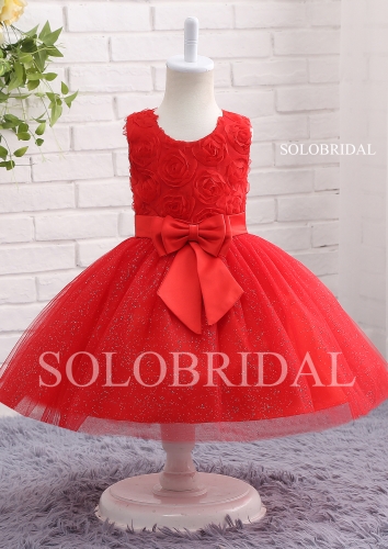 Red flower Shiny tutu Skirt Bow Flower Girl dress A12814
