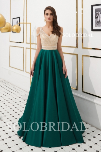 Champagne green silky satin a line proom dress L593221