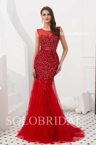Red fit and flare feather proom dress L946961