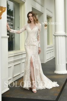 Ivory split fit and flare wedding dress P473941