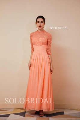 Orange Covered Lace Top Chiffon Skirt Long Bridesmaid Dresses