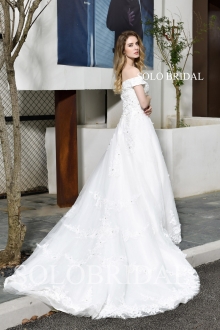 White off shoulder cathedral train wedding dress P423881