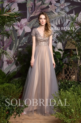 Grey tulle a line evening dress P603861