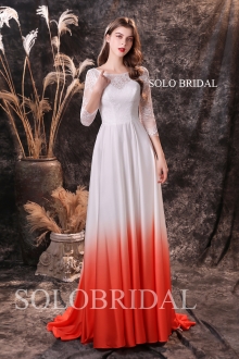 Ivory lace bodice gradient red satin prom dress with three squarter sleeves S244531