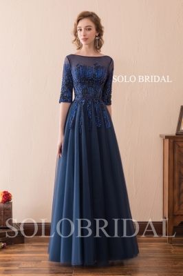 dark blue a line tulle evening dress F266171