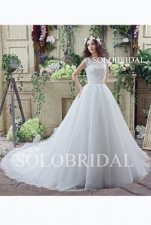A line ivory lace bodice lace up back cathedral train organza wedding dress C30265