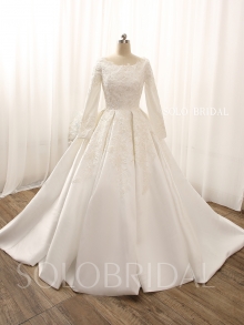 Ivory long sleeve bridal satin A line wedding dress 724A8126a