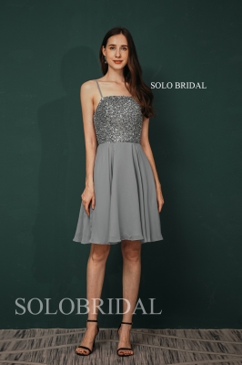 Elegant Grey Sequin Top 2021 Short Chiffon Bridesmaid Dresses