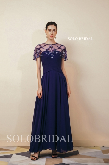 New Design Yoyal Blue Bling Long Bridesmaid Dresses with Chiffon Wrap