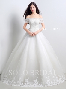 Ivory heavy beaded bodice off shoulder short sleeves a line wedding dress floor length A50109