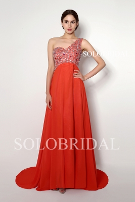 One shoulder red chiffon diamond bridesmaid dress B23259