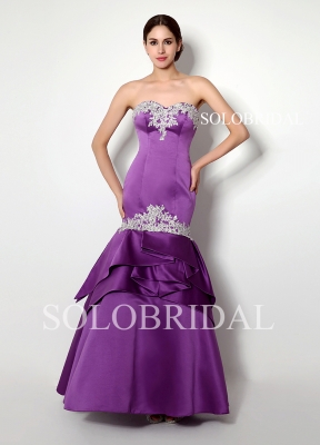 Purple satin fit and flare party dress invisable zipper floor length B28253