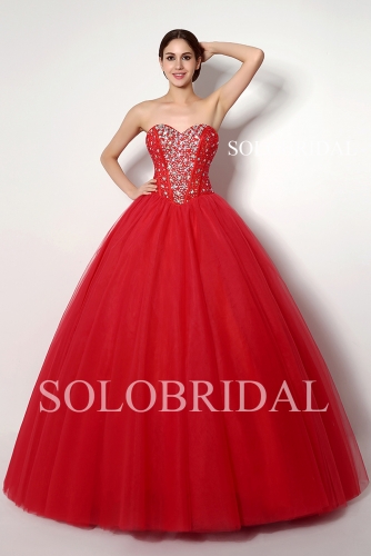 Red sweetheart coset back tulle ball gown wedding dress B32258