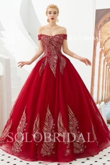Red ball gown gold lace proom dress M323351