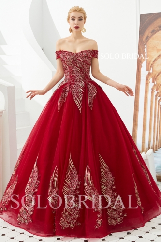 Red ball gown gold lace proom dress M323351