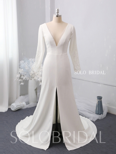 Ivory fitted V neck sleeves split wedding dress 724A1997