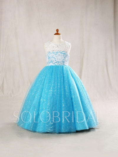 Sky Blue Flower Girl Dress Sparkle Tulle Skirt Ivory Lace Bodice724A6698s