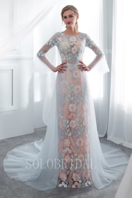 peach and blue lace tulle proom dress I266521