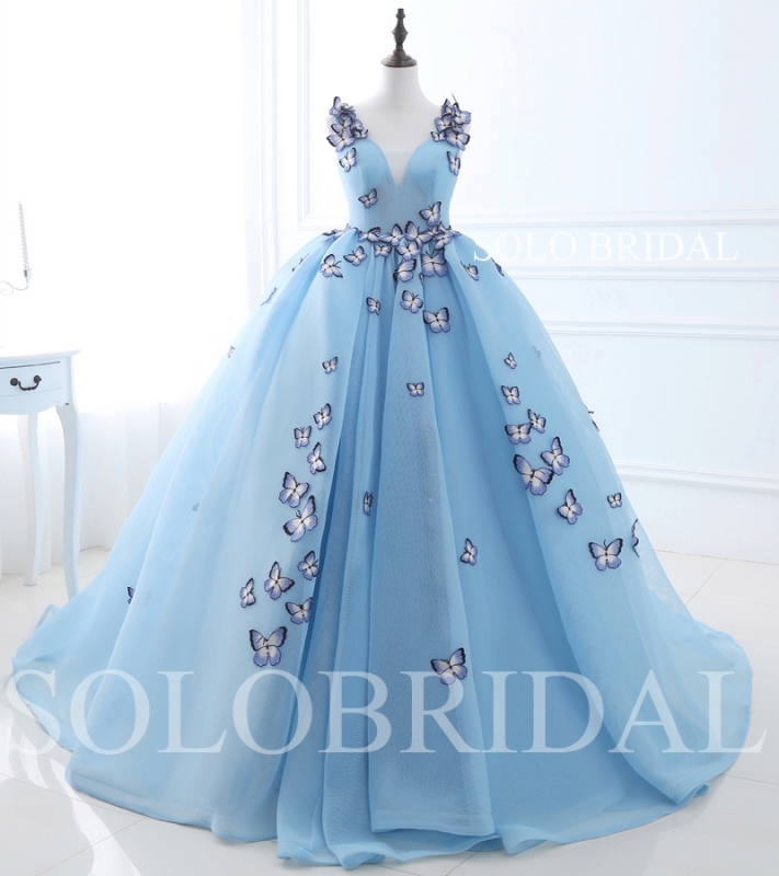 Sky blue butterfly ball gown wedding ...
