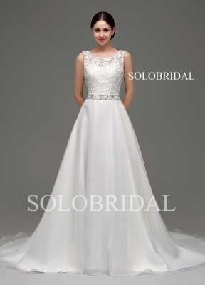 Ivory a line organza V back court train shoulder straps wedding dress B24236