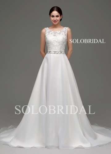 Ivory a line organza V back court train shoulder straps wedding dress B24236