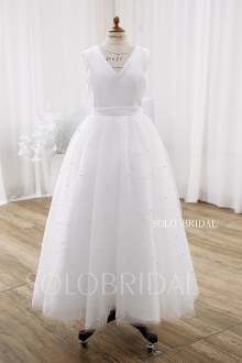 White V neck Satin Top Pearl Tulle Skirt Flower Girl Dress DPP_0080