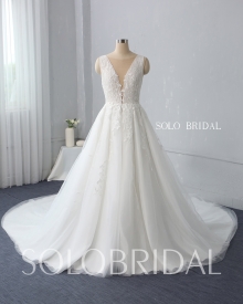 shoulder straps plunging V neck tulle and organza a line cathedral train invisible wedding dress