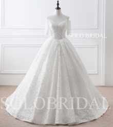 Ivory V neck off shoulder short sleeves ball gown wedding dress E284101