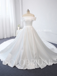 light ivory bridal satin wedding dress off shoulder bustline 724A1268