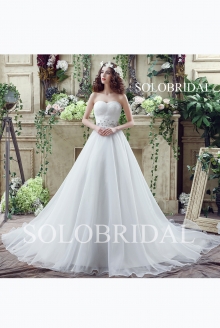 A line ivory sweetheart lace up back cathedral train organza wedding dress C30263