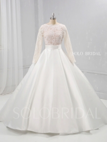 Ivory Big A Line Bridal Satin Wedding Dress Long Lace Sleeves 724A1096a
