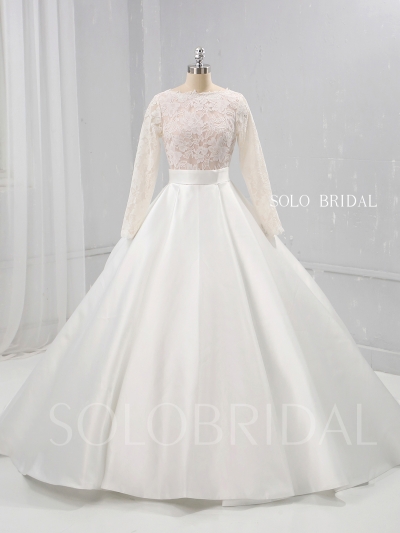 Ivory Big A Line Bridal Satin Wedding Dress Long Lace Sleeves 724A1096a