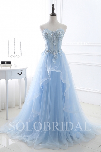 A line strapless sky blue tulle proom dress E234011