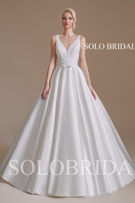2110621 Ivory Bridal Satin A line V Neck Floor Length Wedding Dress