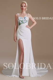 2110631 Ivory Sexy Double Spaghetti Straps Sweetheart Green Embroidery Slit Crepe Wedding Dress