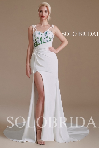 2110631 Ivory Sexy Double Spaghetti Straps Sweetheart Green Embroidery Slit Crepe Wedding Dress