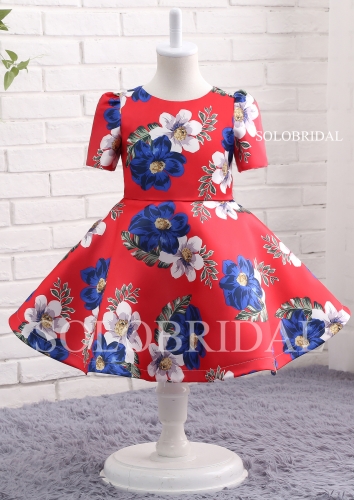 Printed blue flower red flower girl dress short sleeves A13820
