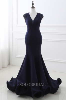 Royal blue fit and flare mermaid crepe proom dress E282481