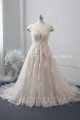 Dark Champagne off shoulder plunge neck A line wedding dress lace up back chapel train 724A8825